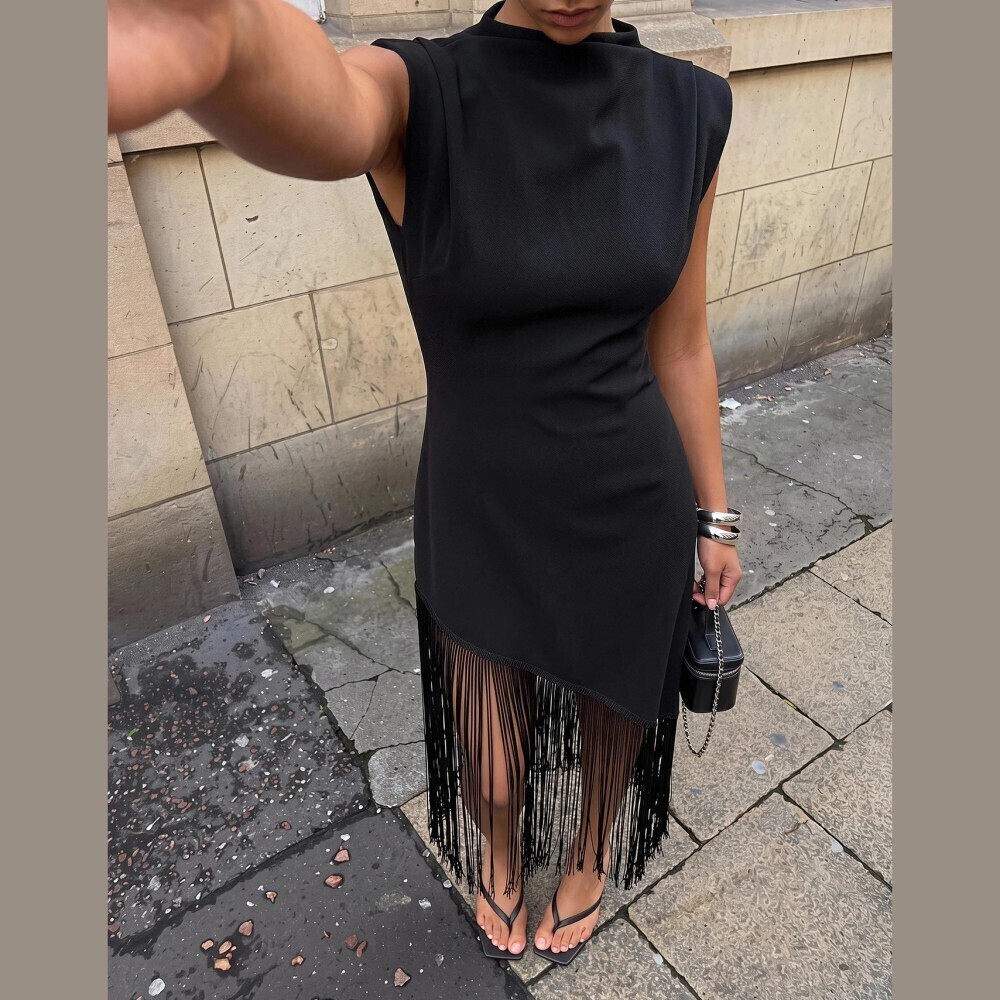 Black Knit Stand Collar Fringe Hem Sleeveless Slim Fit Midi Dress